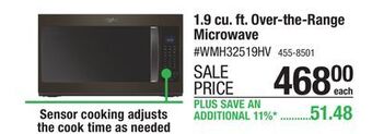 Menards Whirlpool 1.9 cu.ft. fingerprint resistant black stainless steel over-the-range microwave offer