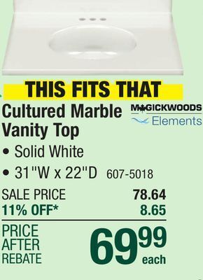Menards Magickwoods elements 31w x 22d solid white cultured marble vanity top with oval non-recessed bowl offer