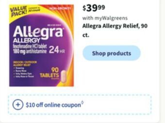 Walgreens Allegra allergy relief, 90 ct offer