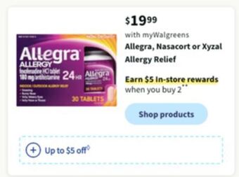 Walgreens Allegro, nasacort or xyzal allergy relief offer
