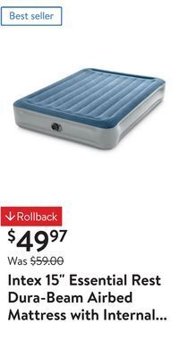 Walmart Intex 15 essential rest dura-beam airbed mattress with internal pump included - queen offer