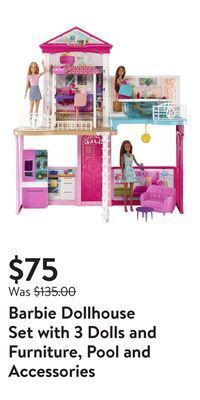 Walmart Barbie dollhouse set with 3 dolls and furniture, pool and accessories offer