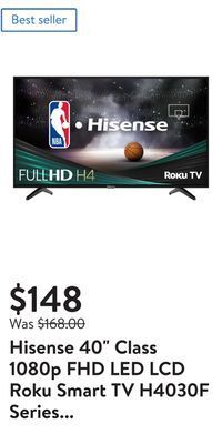 Walmart Hisense 40 class 1080p fhd led lcd roku smart tv h4030f series (40h4030f1) offer