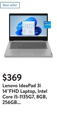 Walmart Lenovo ideapad 3i 14fhd laptop, intel core i5-1135g7, 8gb, 256gb ssd, windows 11, platinum grey, 81x700fvus offer