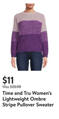 Walmart Time and tru women's lightweight ombre stripe pullover sweater offer