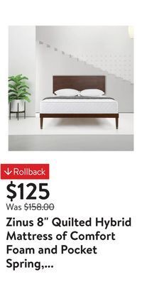 Walmart Zinus 8 quilted hybrid mattress of comfort foam and pocket spring, full offer