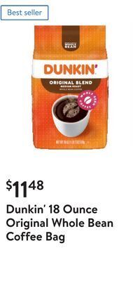 Walmart Dunkin' 18 ounce original whole bean coffee bag offer
