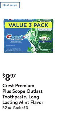 Walmart Crest premium plus scope outlast toothpaste, long lasting mint flavor offer