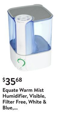 Walmart Equate warm mist humidifier, visible, filter free, white & blue, top fill, 1.3 gallon, big water capacity offer