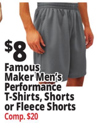 Ocean State Job Lot Famous maker men's performance t-shirts, shorts or fleece shorts offer