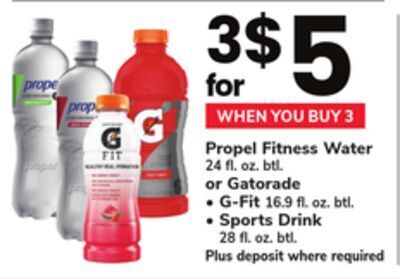 ACME Propel fitness water 24 fl. oz. btl. or gatorade g-fit 16.9 fl. oz. btl., sports drink 28 fl. oz. btl offer