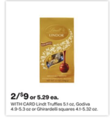 CVS Lindt truffles 5.1 oz, godiva 4.9-5.3 oz or ghirardelli squares 4.1-5.32 oz offer