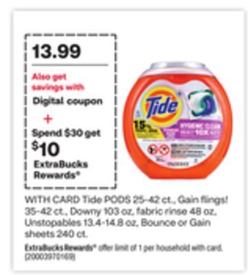 CVS Tide pods 25-42 ct., gain flings! 35-42 ct., downy 103 oz, fabric rinse 48 oz, unstopables 13.4-14.8 oz, bounce or gain sheet offer
