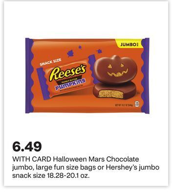 CVS Halloween mars chocolate jumbo, large fun size bags or hershey's jumbo snack size 18.28-20.1 oz offer