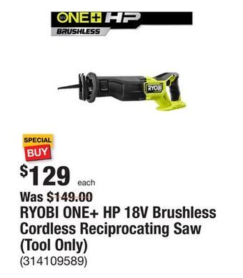 The Home Depot Ryobi one+ hp 18v brushless cordless reciprocating saw (tool only) offer