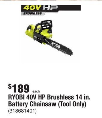 The Home Depot Ryobi 40v hp brushless 14 in. battery chainsaw (tool only) offer