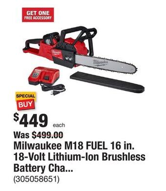 The Home Depot Milwaukee m18 fuel 16 in. 18-volt lithium-ion brushless battery chainsaw kit with 12.0 ah battery and m18 rapid charger offer