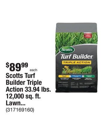 The Home Depot Scotts turf builder triple action 33.94 lbs. 12,000 sq. ft. lawn fertilizer with weed control and crabgrass preventer offer