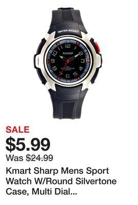 Kmart Kmart sharp mens sport watch w/round silvertone case, multi dial and black resin band offer