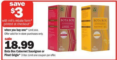 Meijer Bota box cabernet sauvignon or pinot grigio offer