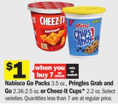 Meijer Nabisco go packs 3.5 oz., pringles grab and go 2.36-2.5 oz. or cheez-it cups* 2.2 oz offer