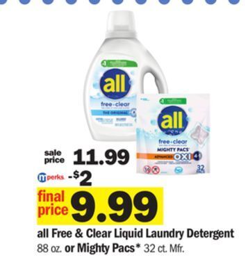 Meijer All free & clear liquid laundry detergent 88 oz. or mighty pacs offer