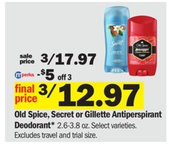 Meijer Old spice, secret or gillette antiperspirant deodorant offer