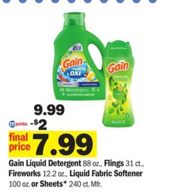 Meijer Gain liquid detergent 88 oz., flings 31 ct., fireworks 12.2 oz., liquid fabric softener 100 oz. or sheets* 240 ct offer