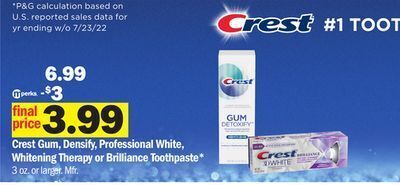 Meijer Crest gum, densify, professional white, whitening therapy or brilliance toothpaste offer