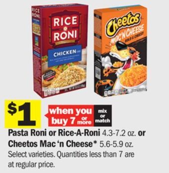 Meijer Pasta roni or rice-a-roni 4.3-7.2 oz. or cheetos mac 'n cheese* 5.6-5.9 oz offer