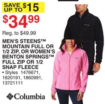 Dunham's Sports Columbia men's steens mountain full or 1/2 zip, or women's benton springs full zip or 1/2 snap fleece offer