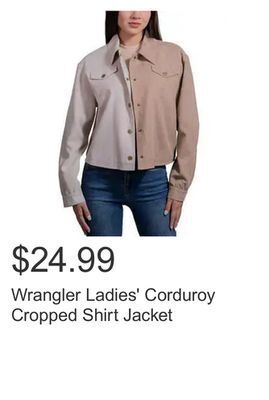 Costco Wrangler ladies' corduroy cropped shirt jacket offer