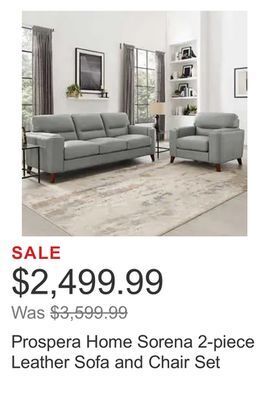 Costco Prospera home sorena 2-piece leather sofa and chair set offer