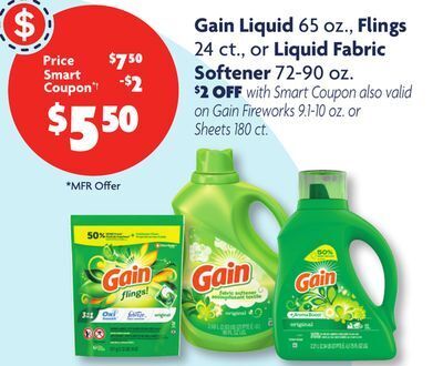 Family Dollar Gain liquid 65 oz., flings 24 ct., or liquid fabric softener 72-90 oz offer