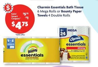 Family Dollar Charmin essentials bath tissue 6 mega rolls or bounty paper towels 4 double rolls offer
