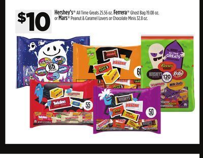 Dollar General Hershey's all time greats 25.56 oz. ferrera ghost bag 19.08 oz. or mars peanut & caramel lovers or chocolate minis 32.8 oz offer