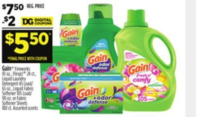 Dollar General Gain fireworks 10 oz., flings! 24 ct., liquid laundry detergent 45 load/65 oz., liquid fabric softener 105 load/90 oz. or fab offer