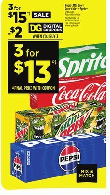 Dollar General Pepsi , mtn dew , coca-cola or sprite offer