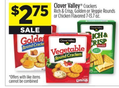 Dollar General Clover valley crackers rich & crisp, golden or veggie rounds or chicken flavored offer
