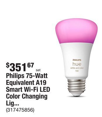 The Home Depot Philips 75-watt equivalent a19 smart wi-fi led color changing light bulb starter kit (4 bulbs and bridge) & outdoor light str offer