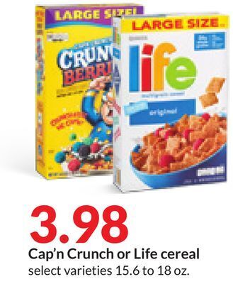 Hy-Vee Cap'n crunch or life cereal offer
