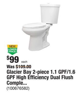 The Home Depot Glacier bay 2-piece 1.1 gpf/1.6 gpf high efficiency dual flush complete elongated toilet in white, seat included offer