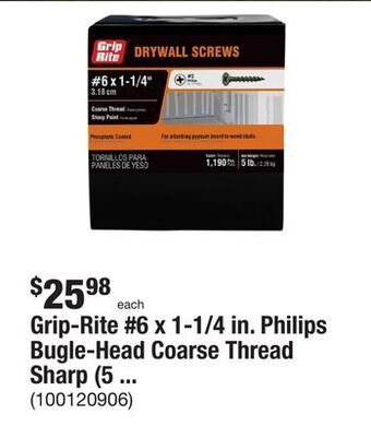 The Home Depot Grip-rite #6 x 1-1/4 in. philips bugle-head coarse thread sharp (5 lb./pack) offer