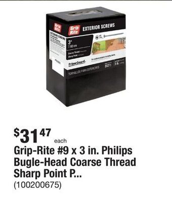 The Home Depot Grip-rite #9 x 3 in. philips bugle-head coarse thread sharp point polymer coated exterior screw (5 lbs.-pack) offer