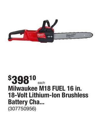 The Home Depot Milwaukee m18 fuel 16 in. 18-volt lithium-ion brushless battery chainsaw (tool-only) offer
