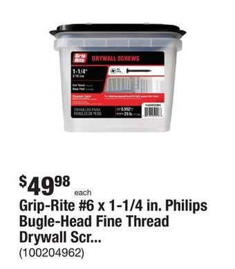 The Home Depot Grip-rite #6 x 1-1/4 in. philips bugle-head fine thread drywall screws (25 lbs./pack) offer