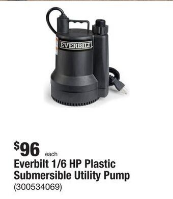 The Home Depot Everbilt 1/6 hp plastic submersible utility pump offer