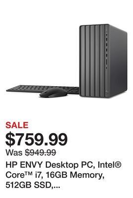 Office Depot Hp envy desktop pc, intel core i7, 16gb memory, 512gb ssd, windows 11 home offer