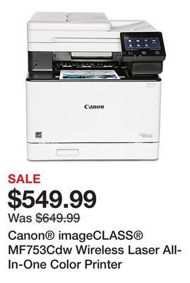 Office Depot Canon imageclass mf753cdw wireless laser all-in-one color printer offer