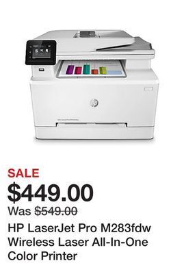 Office Depot Hp laserjet pro m283fdw wireless laser all-in-one color printer offer